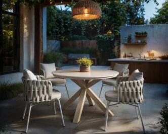 Premier Nevada Round Garden Sintered Stone Dining Table Wood & Louisa Chairs Beige Set of 4